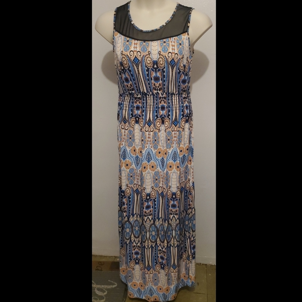 Blue And White Multi Print Maxi Sun Dress
